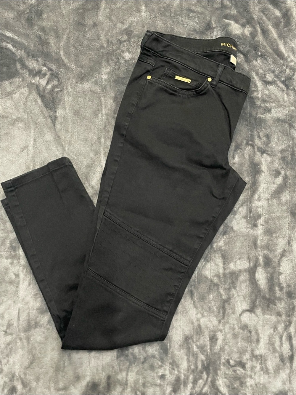 Michael Kors Black Slim Moto-Style Jeans with Gold Hardware